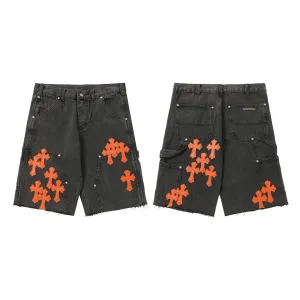 Designer AAA Chrome Hearts Jeans Red Genuine Leather Distressed Even Stitching