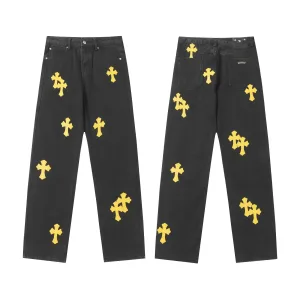 AAA Chrome Hearts Jeans Yellow Genuine Leather Even Stitching Patch