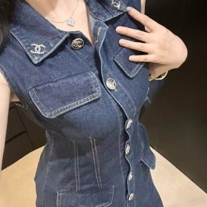 Designer Aaa Chanel Denim Sleeveless Dress