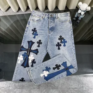 Designer Chrome Hearts Jeans Red Genuine Leather Woven Fabric Denim Patch