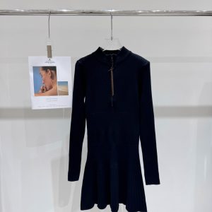 High Quality Luxury Louis Vuitton Leather Long-Sleeved Dress