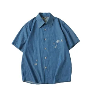 Reps Louis Vuitton Short-Sleeved Shirt Red Cotton Denim Embroidery