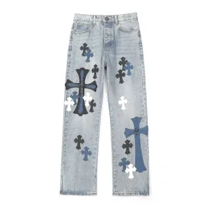 Super Clone AAA Chrome Hearts Jeans Red Genuine Leather Woven Fabric Patchwork Patch