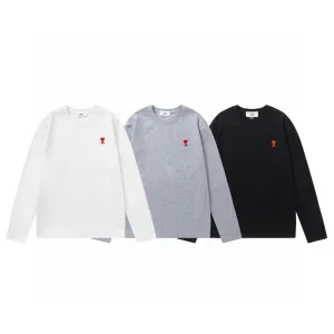 Luxury Ami Long-Sleeved Shirts Red Cotton Pure Down Street Style Embroidery