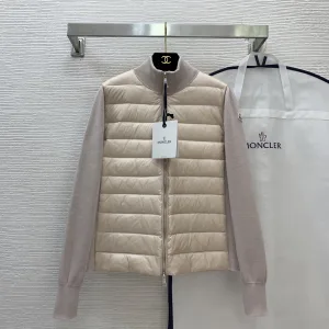 Super Clone Moncler Long-Sleeved Down Jacket Pink Goose Knitted Fabric Slim Fit Patch