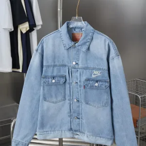 High Quality Luxury Levi'S Outerwear Red Denim Autumn Winter Embroidery Leather Patch