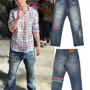 Designer Luxury Levi'S Jeans Blue Enzyme Washing Embroidery Patch