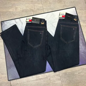 Luxury High Quality Tommy Cowboy Jeans Red Cotton Leather Patchwork Denim Suitable For All Seasons Slim Fit Embroidery Patch