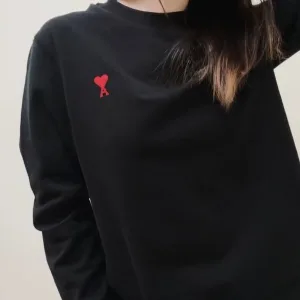 High Quality Luxury Ami Long-Sleeved T-Shirt Red Cotton Mercerized Simple Design Spring Autumn Winter