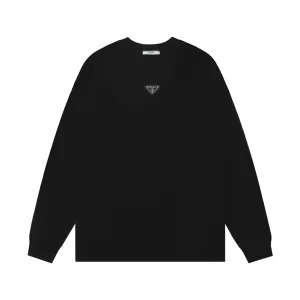 High Quality Prada Long-Sleeved T-Shirt Black Cotton Pure Ribbed Fabric