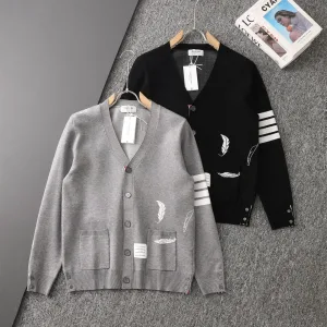 Designer Thom Browne Cardigan Red Wool Feather Jacquard