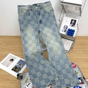 AAA Luxury Louis Vuitton Jeans Red Cotton Twill Jacquard Denim Relaxed Fit Spring Early Contrasting Stitching