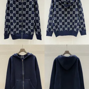 High Quality AAA Gucci Coat Blue Cashmere Jacquard