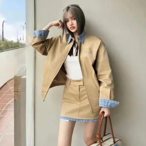 High Quality Reps Miu Coat Ash Embroidery Patch Plaid Patchwork Work Collar