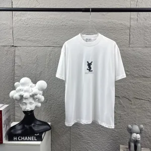 Luxury Designer Saint Laurent Short Sleeves Black Cotton Pure Fleece Spring