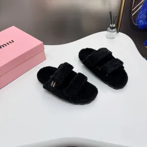 Luxury Miu Slippers Red Sheepskin Rubber Autumn Winter