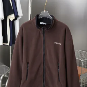 AAA Miu Coat Red Cotton Polyester Acrylic Fleece Fabric Spring Embroidery Side Pockets