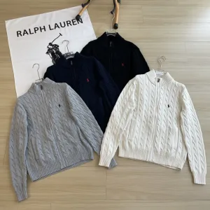 High Quality Ralph Lauren Outerwear Red Cotton Wool Blend Cable Knit Easy To Match Retro Preppy Style Spring Autumn Winter And