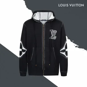 AAA Luxury Louis Vuitton Coat Black Cotton Pure Wool Blend Jacquard
