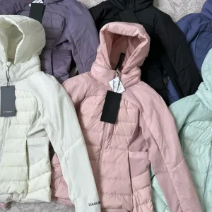 Luxury High Quality Lululemon Coat Red Neutral Feather Duck Down Denim Autumn Winter And Matte Fabric Slim Fit 3D Logo Side Pockets
