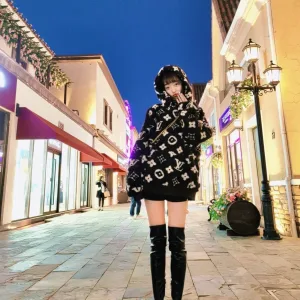 High Quality Luxury Louis Vuitton Outerwear Black Rabbit Fur Windproof Cuffs