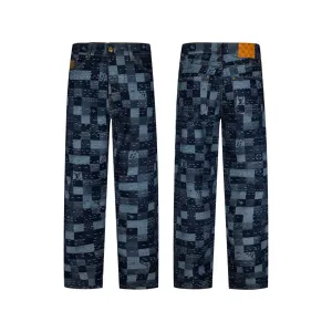 AAA Louis Vuitton Jeans Blue Denim Embroidery Leather Patch