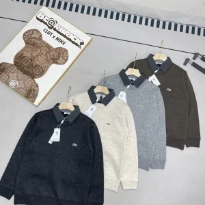 AAA Designer Lacoste Shirts Red Fleece Simple And Elegant Autumn Winter Neckline Stitching Slim Fit Embroidery