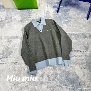 Luxury Designer Miu Long-Sleeved Shirt Red Cotton Silk Wool Blend Nylon Patch