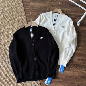 Luxury High Quality Adidas Coat Black Chenil Jacquard Simple And Elegant Retro Preppy Style Winter