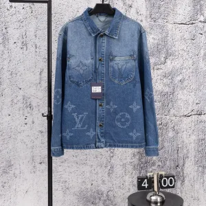 High Quality Louis Vuitton Trousers Blue Embossed Leather Jacquard Denim Relaxed Fit Pattern Patch