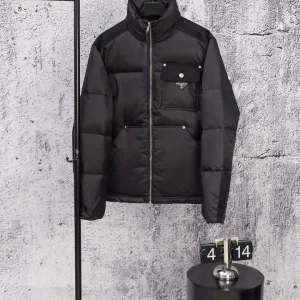 Super Clone Prada Jacket White Goose Down Polyester Nylon Fiber Woven Fabric Twill Relaxed Silhouette Patch Metal Logo