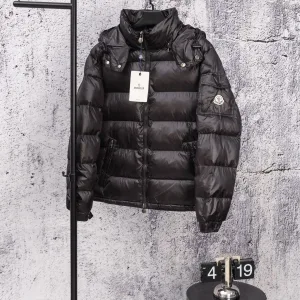 Designer Moncler Outerwear Black Wool Duck Down Glossy Finish