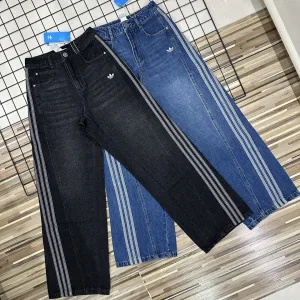 High Quality Luxury Adidas Pants Red Cotton Leather Patchwork Denim Autumn Winter And Embroidery Patch Side Stripes