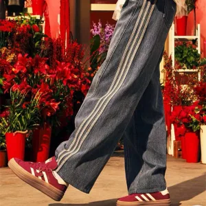 Super Clone Adidas Pants Red Cotton Leather Patchwork Denim Autumn Winter And Embroidery Patch Side Stripes