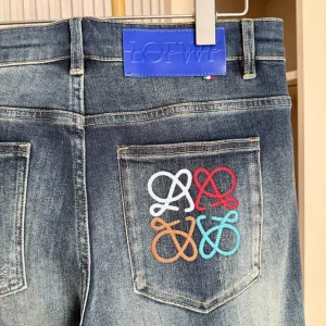 Designer Luxury Loewe Jeans Red Denim Slim Fit Leather Patch
