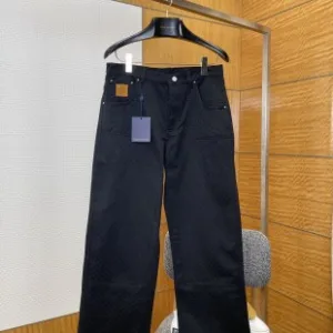 Luxury AAA Louis Vuitton Straight-Leg Pants Black Cotton Jacquard Denim Relaxed Fit Patch