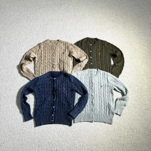 High Quality Designer Ralph Lauren Sweater Red Cotton Pure Wool Cable Knit Lace Hand-Sewn Buttons Embroidery