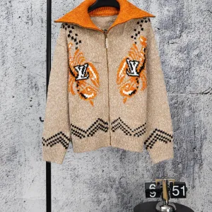 Reps Louis Vuitton Cardigan Red Wool Blend Jacquard Relaxed Fit Streetwear Winter Pattern
