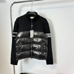 Luxury Moncler Down Jackets Black Wool Blend Duck Patch