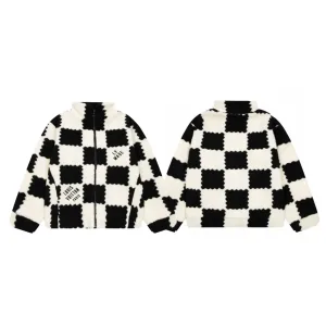 Super Clone Louis Vuitton Jacket Red Wool Lambswool Blend Polyester Fleece Jacquard Fabric