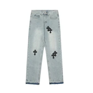 Luxury AAA Chrome Hearts Jeans Red Genuine Leather Distressed Even Stitching