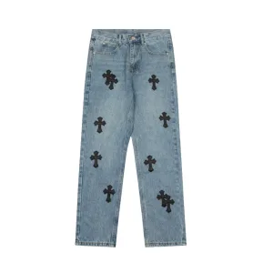 Designer Chrome Hearts Jeans Red Genuine Leather Distressed Even Stitching