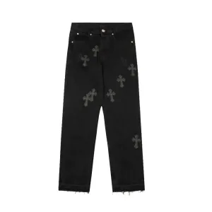Luxury Chrome Hearts Jeans Red Genuine Leather Distressed Even Stitching