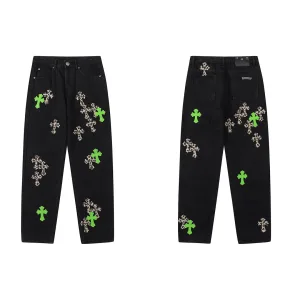 High Quality Chrome Hearts Jeans Red Genuine Leather Distressed Even Stitching