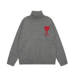 Luxury Ami Sweater Ash Cotton Wool Blend Polyester Jacquard