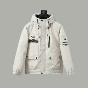 Super Clone Designer Prada Outerwear Black Duck Down Polyester Fiber Patch Work Pockets Patchwork