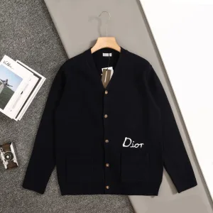 Designer AAA Dior Sweater Red Cotton Wool Cashmere Blend Embroidery Resin Buttons
