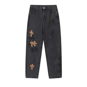 High Quality Chrome Hearts Jeans Red Genuine Leather Distressed Even Stitching Patch