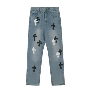 High Quality Luxury Chrome Hearts Jeans Red Genuine Leather Distressed Exquisite Workmanship Even Stitching Patch