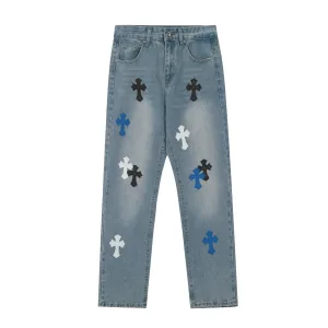 Luxury Chrome Hearts Jeans Red Genuine Leather Distressed Exquisite Workmanship Even Stitching Patch